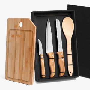 Kit Para Cozinha/Pão Em Bambu/Inox- 5 Pçs