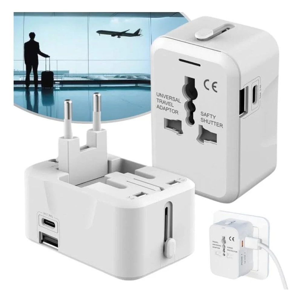 Adaptador Tomada Universal Com Usb e Usb-c Viagem 150 Países-ATUV01