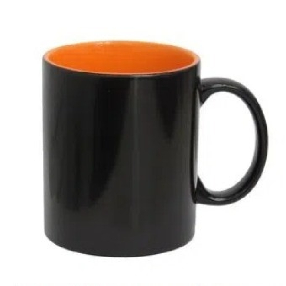 Caneca mágica em cerâmica para sublimação - preta semi brilho com interior laranja-CMA01