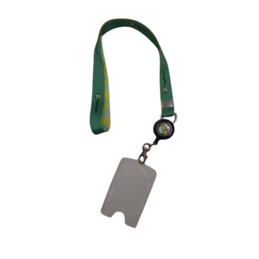 Cordão para crachá com roller clip com e porta cartão com mosquetão.-CFRA04