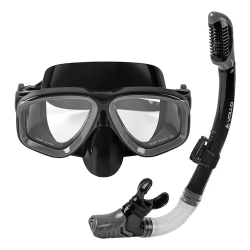 Kit De Mergulho Vollo Máscara Respirador Snorkel Adulto Preto Silicone E Vidro Temperado-VN800-1