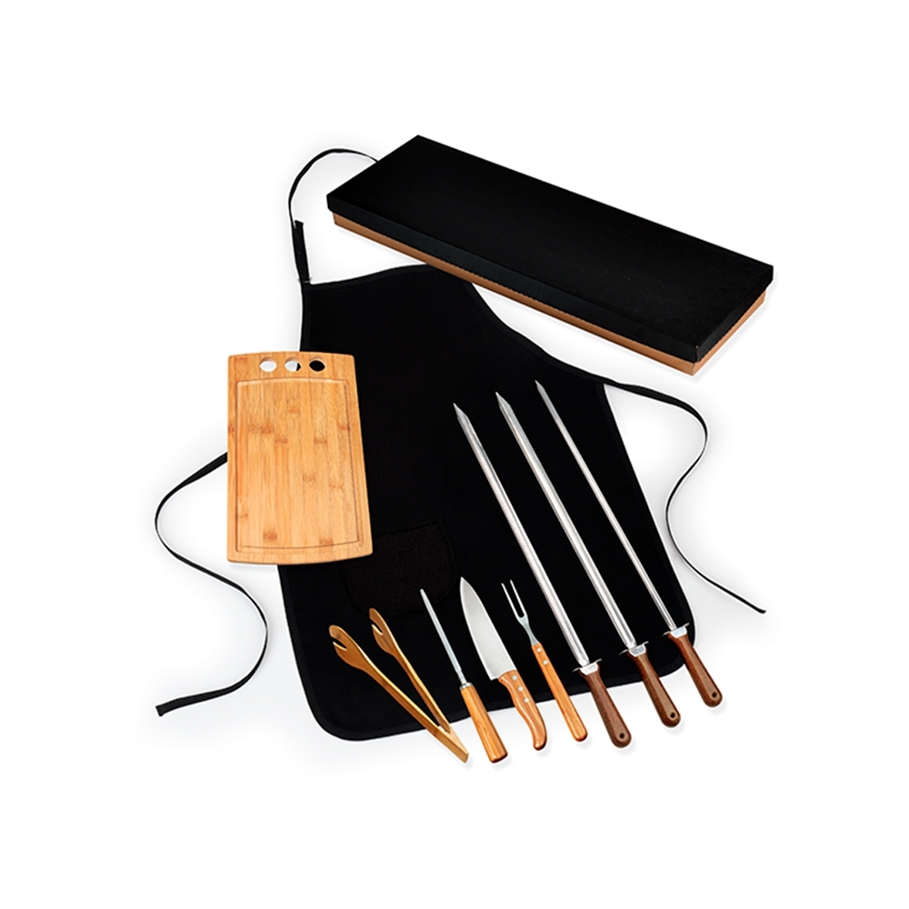 Kit Para Churrasco Em Bambu / Inox Com Espetos - 9 Pçs 