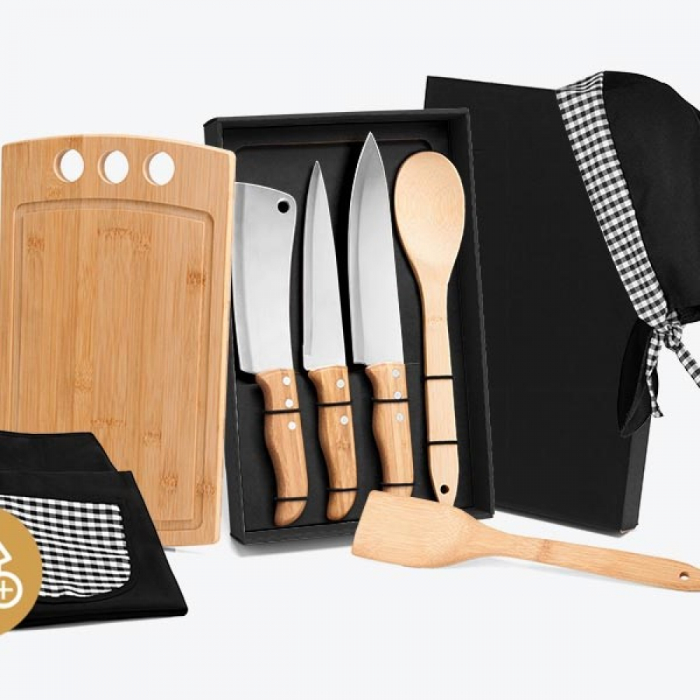 Kit Para Cozinha Em Bambu / Inox Com Avental E Touca-ME-21863