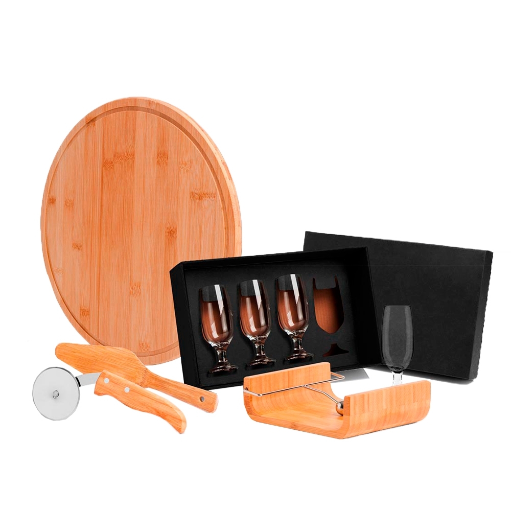 Kit Para Pizza Em Bambu Com Acessórios - 8 Pçs-KT-00443