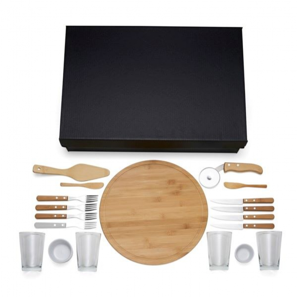 Kit Pizza Em Bambu Com Copos - 19 Pçs